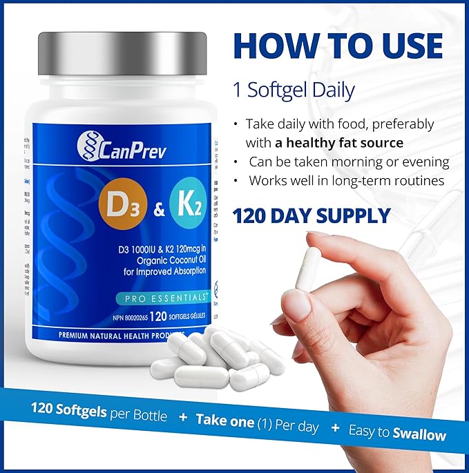 CanPrev D3 & K2 Vitamins 120 Softgels, 120-Day Supply, 1000IU Vitamin D3 & 120mcg K2, Supports Strong Bones, Teeth & Heart Wellness, Easy-to-Absorb with Organic Coconut Oil, No GMO, Gluten, Soy, Dairy