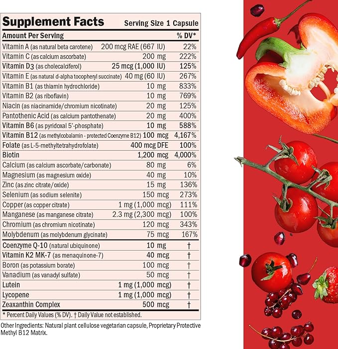 ANDREW LESSMAN Essential-1 Multivitamin 1000 IU Vitamin D3 60 Small Capsules - 100 mcg Methyl B12. CoQ10 Lutein Lycopene Zeaxanthin. High Potency. No Additives. Ultra-Mild. One Daily Capsule