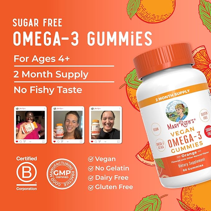 MaryRuth Organics Vegan Omega 3 Gummies for Adults | 2 Month Supply | Sugar Free Supplement with Vitamin C | Flaxseed Oil Immune Support | Overall Wellness | No Fish Taste | 60 Count