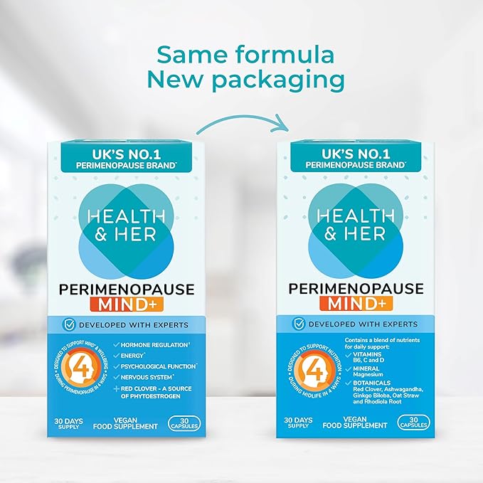 Health & Her Perimenopause Mind+ Cognitive Function Support, for Early Stage of Menopause, Mental Energy, Supplements for Women with Vitamins, Gluten-Free, Non-GMO, Vegan (30 ct - 1 Month)