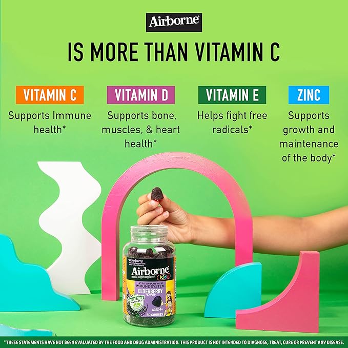 Airborne KIDS Elderberry + Zinc & Vitamin C Gummies, Kids Immune Support with Powerful Antioxidants Vit D & E - 50 gummies, Elderberry Flavor