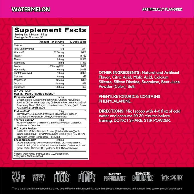 BSN N.O.-XPLODE Pre Workout Powder, Energy Supplement for Men and Women with Creatine and Beta-Alanine, Flavor: Watermelon, 30 Servings