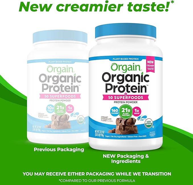 Orgain Organic Vegan Protein + 50 Superfoods Powder, Creamy Chocolate Fudge - 21g Plant Based Protein, 9g Prebiotic Fiber, No Lactose, Gluten Free, No Added Sugar, 2.02 lb (Packaging May Vary)