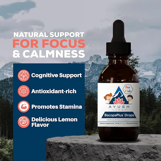 Ayush Herbs BacopaPlus Drops for Kids - Kids Focus and Attention Supplement with Bacopa, Ashwagandha, Ginkgo, Support for Brain & Memory, Organic Ingredients - 2 Fl Oz (80 Servings)