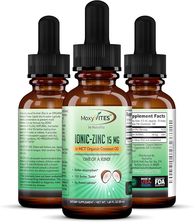 Organic Zinc Supplements for Kids, Adults - Zinc Sulfate - Liquid Zinc Supplement - Pure Ionic Zinc Drops in Coconut Oil for Immune Support, Skin - NO Preservatives & Great Taste - 100 Vegan Servings
