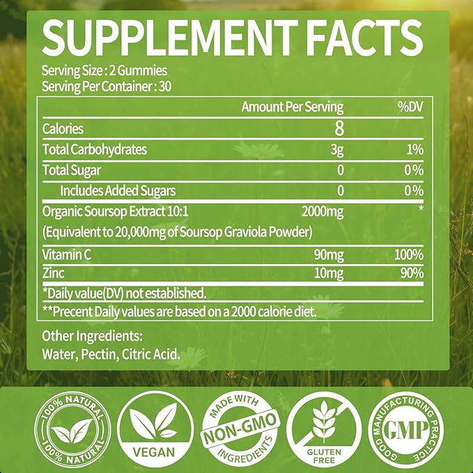 Soursop Graviola Gummies, Sour SOP Leaves & Fruit Extract Plus Vitamin C and Zinc, Soursop Bitters for Immune Support, (60 Count) - Sugar Free, Vegan, Gluten Free