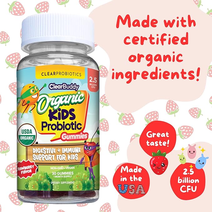 Kids Probiotics Gummies – Daycare Formulated Immunity Gummies - Immune System Boost & Improved Regularity - Plant-based Organic, 2.5 Billion CFU - DE111 Bacillus Subtilis - Strawberry – 1 Month Supply