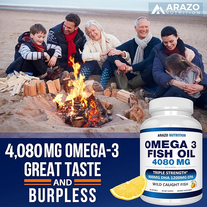 Arazo Nutrition Wild Caught Omega 3 Fish Oil – 90 Soft Gels – 4,080mg High EPA 1200mg DHA 900mg Lemon Flavor Burpless Softgels