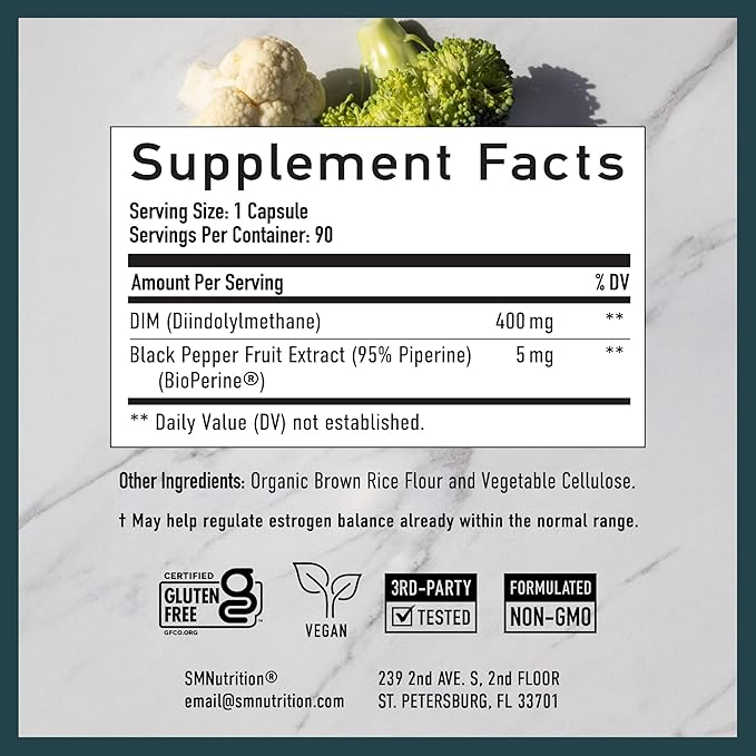 DIM Supplement 400MG Extra Strength | Hormone Balance for Men and Women | Menopause, Acne, Hot Flashes Relief, Prostate Support & Antioxidant Support | Soy-Free, Gluten-Free | SMNutrition | 90 Ct.