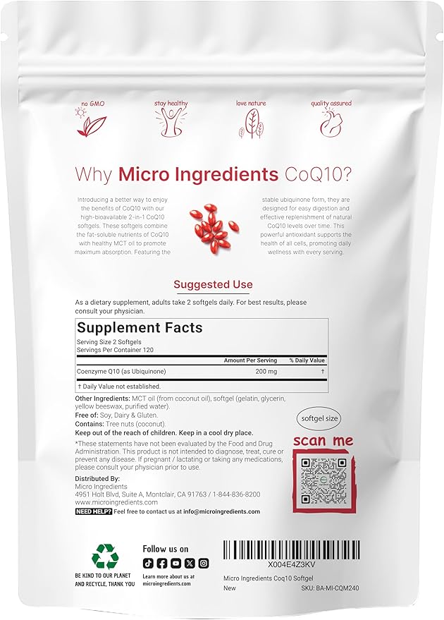 Micro Ingredients CoQ10 200mg Per Serving | 240 Softgels with Coconut MCT Oil | High Absorption Coenzyme Q10 as Ubiquinone | Antioxidant Support for Heart & Energy Health | Non-GMO