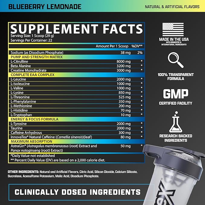 Nutrex Research Outlift Clinical Clinically Dosed Pre Workout Powder with Creatine, Citrulline, EAA | Energy, Performance, Pump Preworkout Supplement for Men & Women (22 Servings, Blueberry Lemonade)