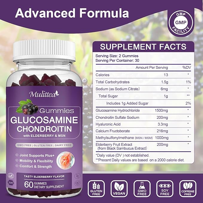 Glucosamine Chondroitin Gummies - Extra Strength Joint Support Supplement with MSM & Elderberry for Natural Joint, Antioxidant Immune Support for Adults, Men & Women-(3 Pack)