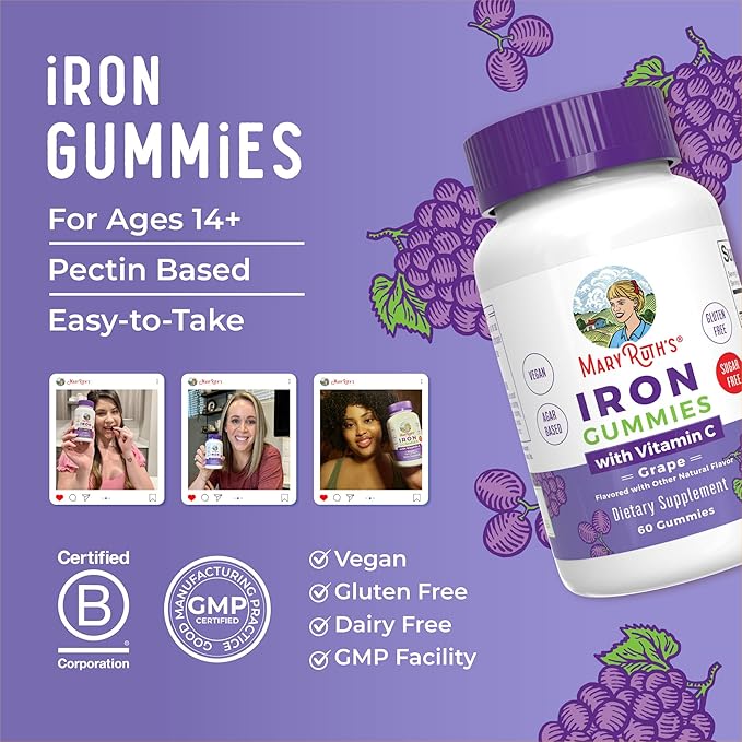 MaryRuth's Iron Gummies for Ages 14+ | with Vitamin C for Absorption | Sugar Free | Gummy Iron Supplement + VIT C | Energy Metabolism | Cellular Health | Immune Support | Vegan | Non-GMO | 60 Count