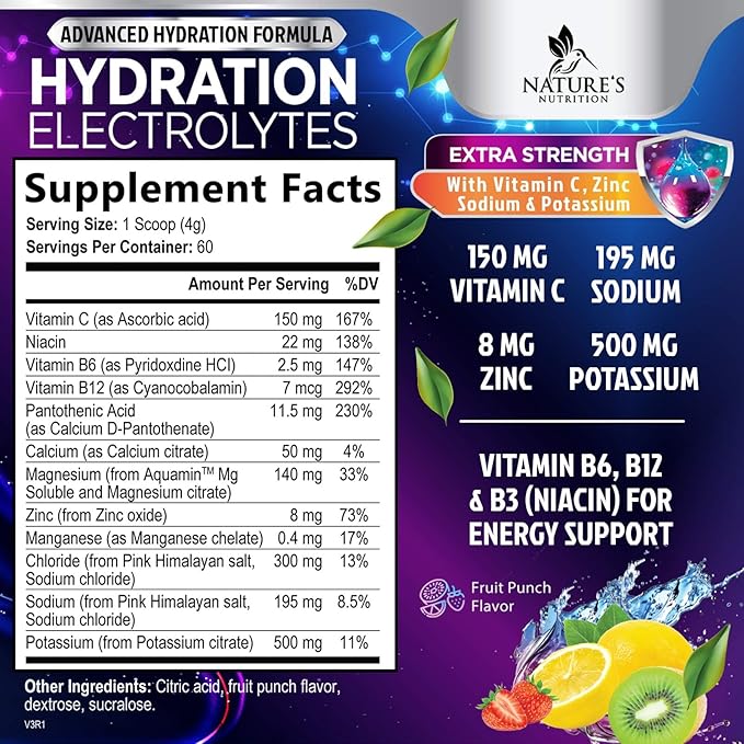 Hydration Replenisher Daily Electrolyte Drink Mix – Hydration Powder for Rapid Hydration with 6 Electrolytes & Minerals, Zero Sugar, Keto, Vegan, Non-GMO & Sugar-Free Electrolyte Powder - 60 Servings