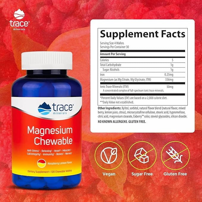 Trace Minerals | Magnesium Chewable Supplement for Adults and Kids | from Magnesium Glycinate and Citrate | Sugar Free | Raspberry Lemon | 120 ct, 30 Servings