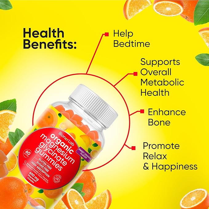 Magnesium Glycinate Chewable Gummies (600mg) for Kids & Adults Women Men - Vegan Complex with Calcium Potassium Vitamin D B6 L-Theanine - Sugar & Gluten Free - Orange Flavor