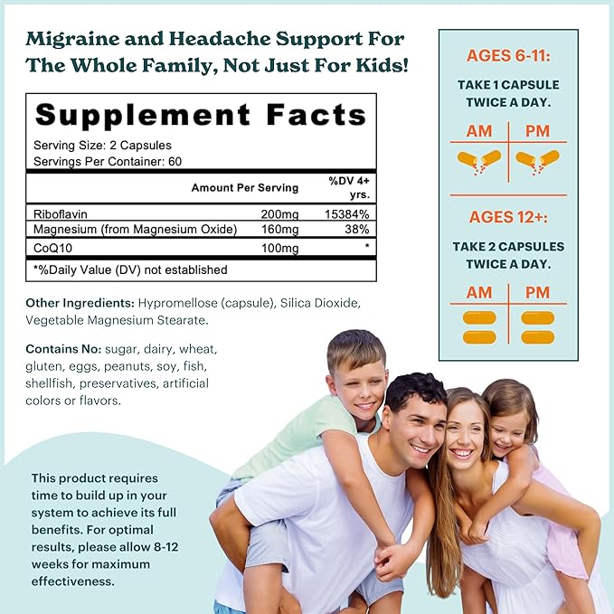 MigraKids Comfort | Riboflavin, Magnesium & CoEnzyme Q10 | Pediatric Science-Backed Migraine Support | Kids and Teens, Ages 6+ | 120 Capsules