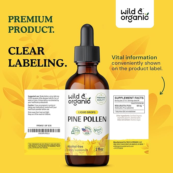 Wild & Organic Pine Pollen Tincture - Immune Support Supplement w/Pine Pollen - Liquid Drops w/Wildcrafted Scots Pine Pollen & Pinus Sylvestris - Antioxidants Supplement w/Pine Pollen Extract 2 oz