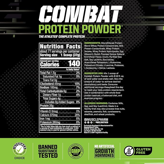 MusclePharm Combat Protein Powder, Chocolate Milk Flavor, Fuels Muscles for Productive Workouts, 5 Protein Sources Including Whey Protein Isolate & Egg Albumin, Gluten Free, 6.2 lb, 77 Servings