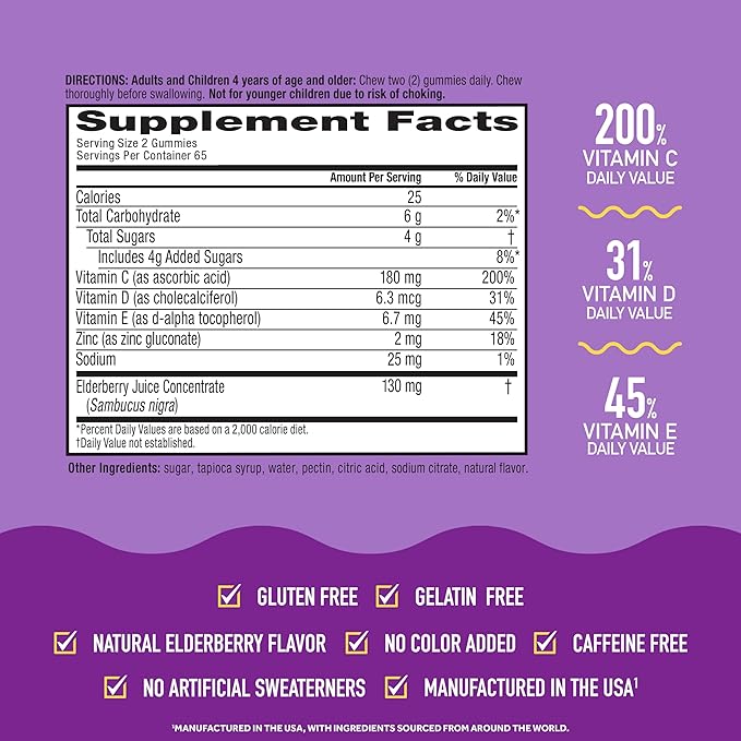 Airborne Elderberry + Zinc & Vitamin C Gummies For Adults, Immune Support Vitamin D & Zinc Gummies with Powerful Antioxidant Vitamins C D & E - 130 Gummies, Elderberry Flavor