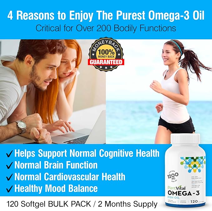 Plantvital Omega 3 Capsules- Pure Norwegian Omega 3 Fish Oil Supplements - Triple Strength- No Fish Flavor- Molecularly Distilled- Cognitive, Joint, Eye, Hair and Heart Health support-120 Capsules