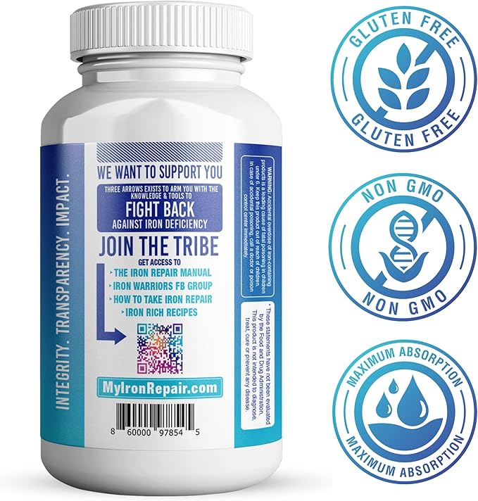 Iron Repair Simply Natural Iron Supplement, Best Absorption & Gentle on Stomach, Monash Low FODMAP, Raise Hemoglobin & Ferritin Iron Pills for Women, Men, Teens, & Pregnancy 90 Bovine Gelatin Capsules