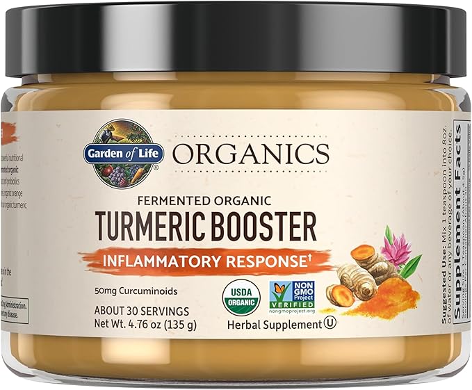 Garden of Life Organics Turmeric Booster Inflammatory Response Powder - 30 Servings, 50mg Curcumin (95% Curcuminoids) & Probiotics, Organic Non-GMO Vegan & Gluten Free Herbal Supplements