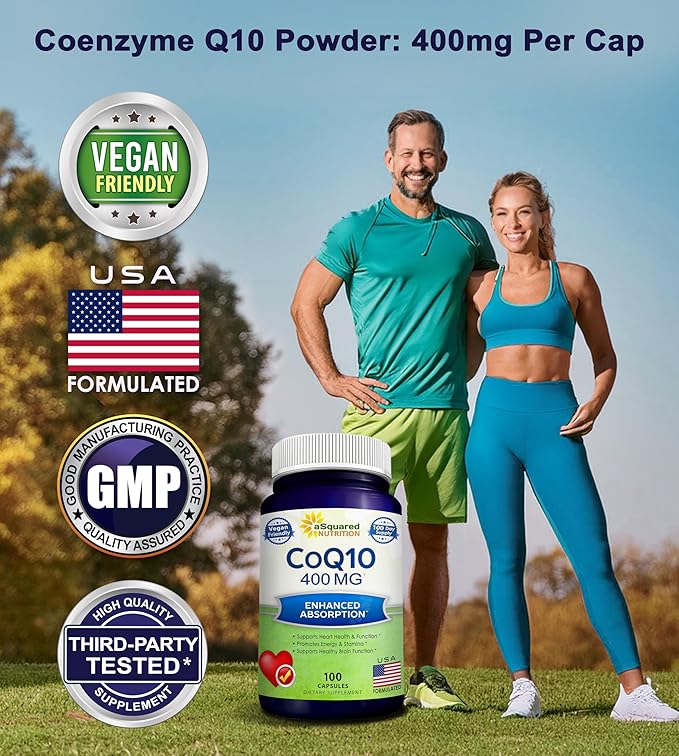 aSquared Nutrition CoQ10 (400mg Max Strength, 100 Veggie Capsules) - High Absorption Coenzyme Q10 Powder - Ubiquinone Supplement Pills, Extra Antioxidant CO Q-10 Enzyme Vitamin Tablets, Coq 10 400 mg