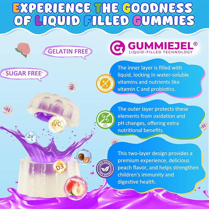 Kids Immune Support Gummies, Probiotics Vitamin C Zinc & Elderberry Gummies for Kids 4+, 6-in-1 Daily Kid Vitamin C Gummies Chewable with Immune & Digestive Support, Sugar Free, Peach Flavor, 60 Count