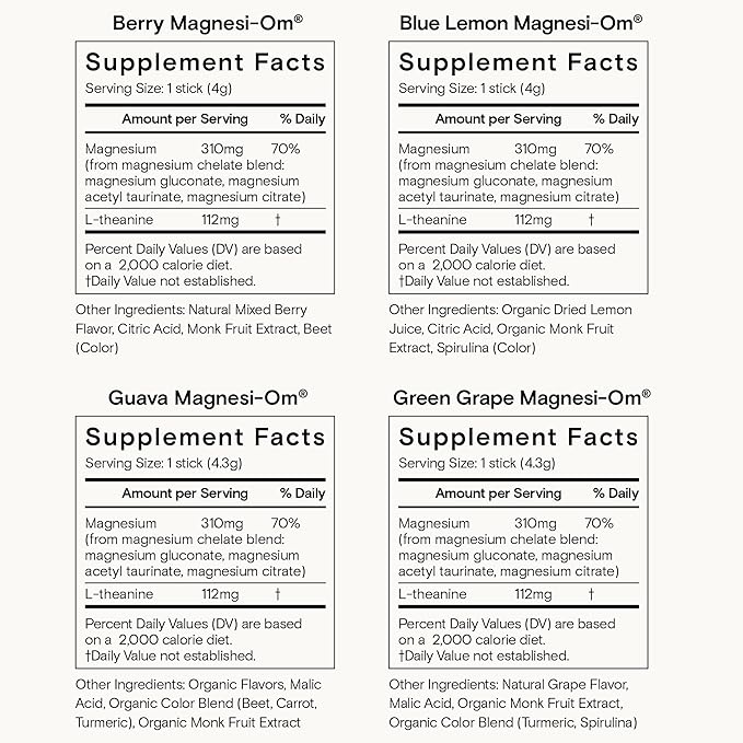 Moon Juice Tutti Frutti Magnesi-Om Variety Pack | Magnesium + L-Theanine | for Natural Calm + Regularity | Magnesium Citrate | Sugar Free | Guava, Green Grape, Blue Lemon, Berry | (24 Sticks)