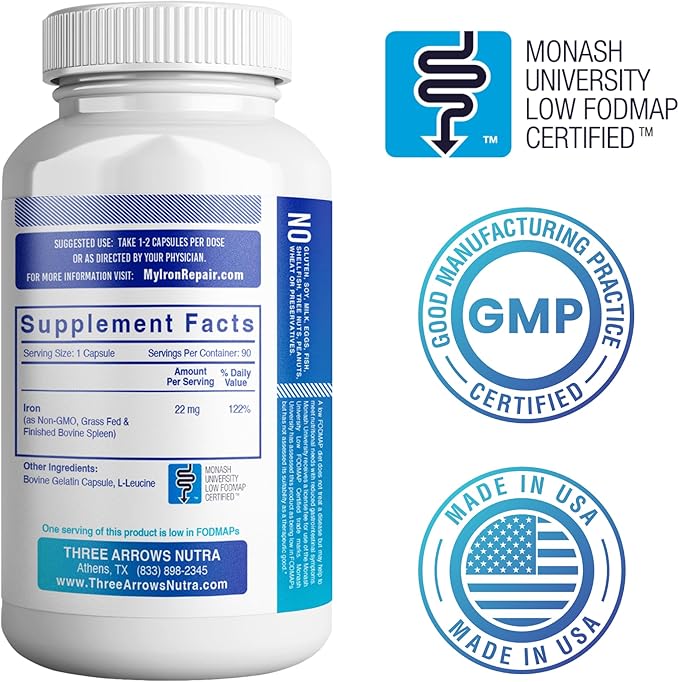 Iron Repair Simply Natural Iron Supplement, Best Absorption & Gentle on Stomach, Monash Low FODMAP, Raise Hemoglobin & Ferritin Iron Pills for Women, Men, Teens, & Pregnancy 90 Bovine Gelatin Capsules