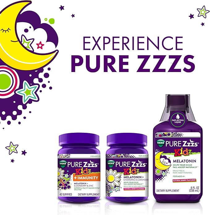 VICKS PURE Zzzs Kidz + Immunity, Kids Melatonin Gummy, Sleep Aid, Low Dose Melatonin for Kids, Zinc for Immune Support, Melatonin 1 mg, Melatonin Gummies Kids, Berry Flavor, 60 Sleep Gummies