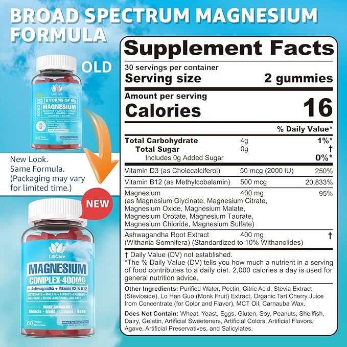 Sugar Free Magnesium Complex for Women, Calm Magnesium Gummies for Adults 400mg, Magnesium Glycinate, Citrate, Malate & More- Magnesium Gummy with Magnesium Ashwagandha, D3, B12 for Relax, Calm, Vegan