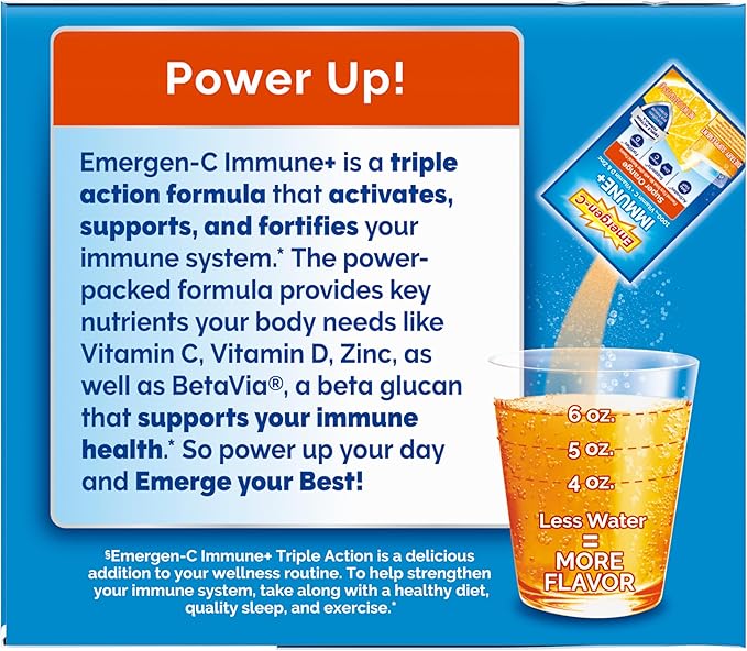 Emergen-C Immune+ Triple Action Immune Support Powder, BetaVia (R), 1000mg Vitamin C, B Vitamins, Vitamin D and Antioxidants, Super Orange – 50 Count