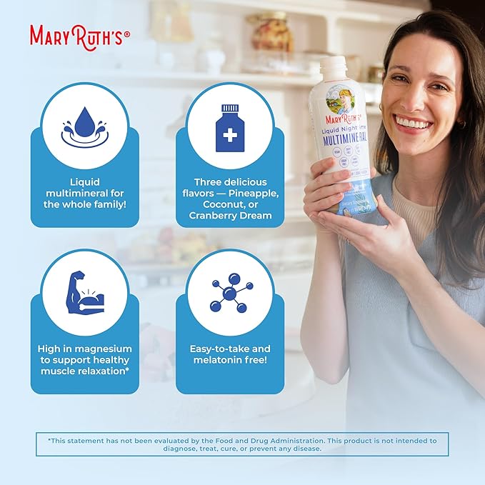 MaryRuth's Liquid Nighttime Multimineral | Sugar Free | Calm Magnesium Citrate | NO Melatonin | Calcium Magnesium Zinc | Muscle Relaxation | Available in 4 Flavors | Vegan | Gluten Free | 32 Servings