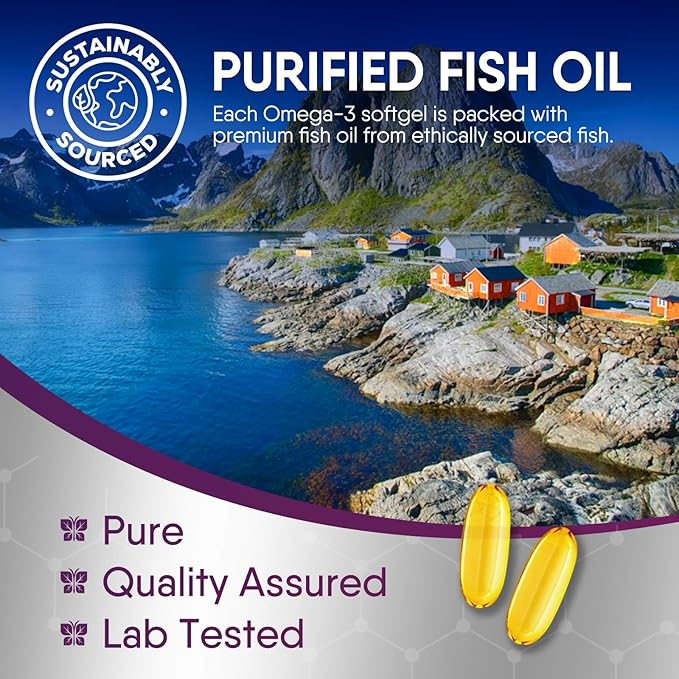 Omega 3 Fish Oil 2400 mg - Triple Strength Omega3, EPA & DHA Fatty Acids Supplement - Natural Support for Immune, Heart & Brain Health - Wild Caught, Non-GMO, Lemon Flavor, Burpless - 120 Softgels