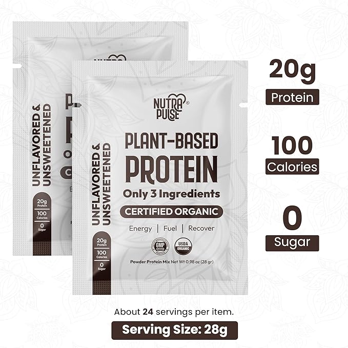 Organic Vegan Protein Powder Sample Pack – Plant-Based, Gluten-Free, Non-GMO, Dairy-Free, 28g Protein, Unflavored, Low-Carb, Keto-Friendly – Best for Smoothies & Shakes (24 Pack)