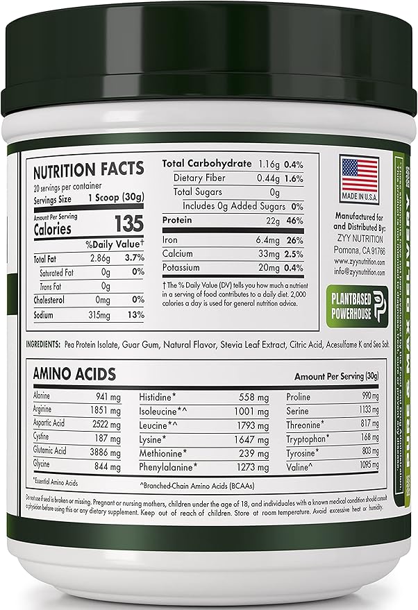 zyy Vanilla Pea Protein Powder – Organic Plant-Based Vegan Protein Shake, 20g Protein, Gluten-Free, Dairy-Free, No Sugar, Non-GMO, BCAAs – French Vanilla Flavor, Easy to Digest