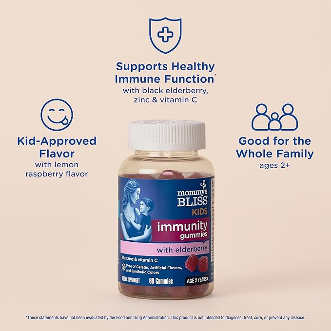 Mommy's Bliss Kids Elderberry Gummies, Supports Immunity with Black Elderberry, Zinc & Vitamin C, Gluten Free & Vegan, Age 2 Years+ (60 Count)