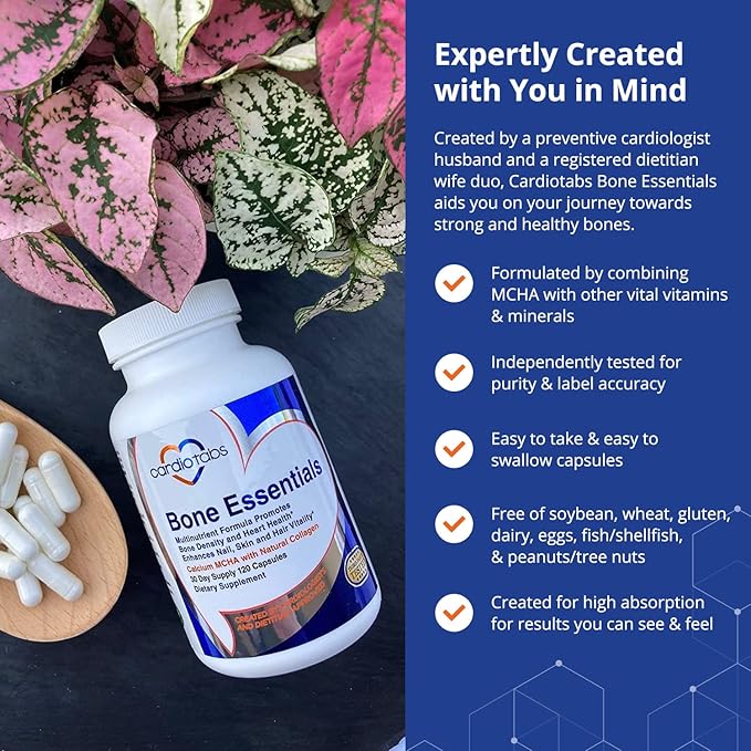 Bone Essentials with MCHA & Collagen, Calcium Supplement w/Calcium Hydroxyapatite for High Absorption, Bone Density and Heart Supplement w/Vitamins, Minerals & Proteins, 120 Capsules