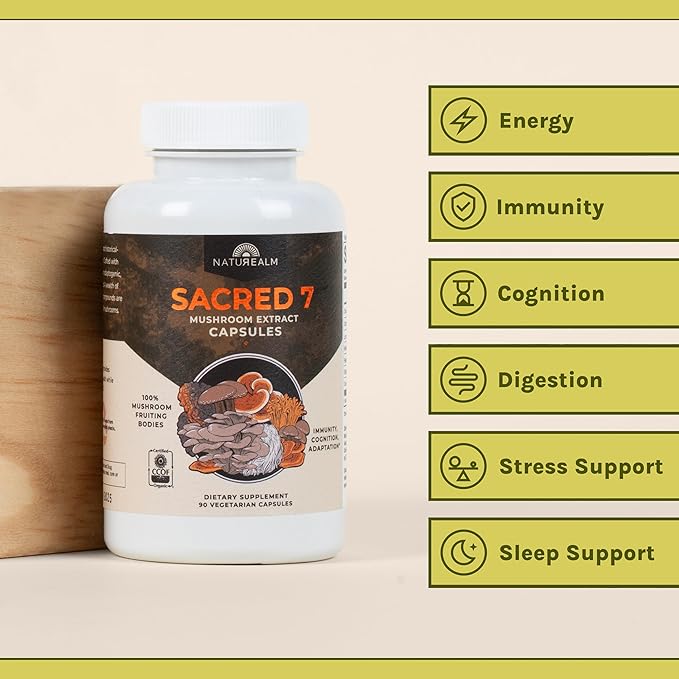 Naturealm Sacred 7 Organic Mushroom Extract Capsules - Premium 7 Mushroom Complex with Lions Mane, Reishi, Chaga - USDA Organic Immune Support & Focus - 90 Vegetarian Capsules