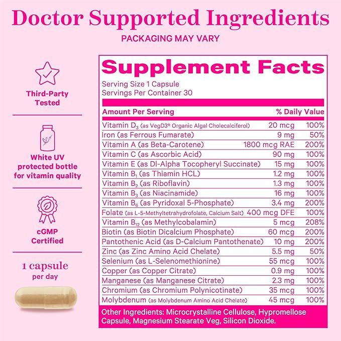 Pink Stork Women's Multivitamin - 19 Vitamins & Nutrients for Hair, Skin, & Nails, Bone Health, Energy, Immune Support - Iron, Zinc, B6, B12 & More - 30 Capsules (Packaging May Vary)