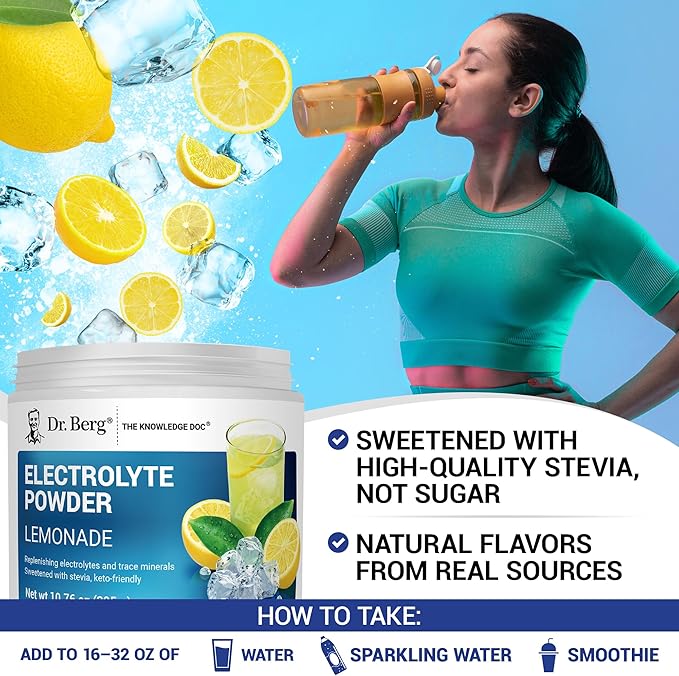 Dr. Berg Zero Sugar Hydration Keto Electrolyte Powder - Enhanced w/ 1000 mg of Potassium & Real Pink Himalayan Salt (NOT Table Salt) - Lemonade Flavor Hydration Drink Mix Supplement - 50 Servings