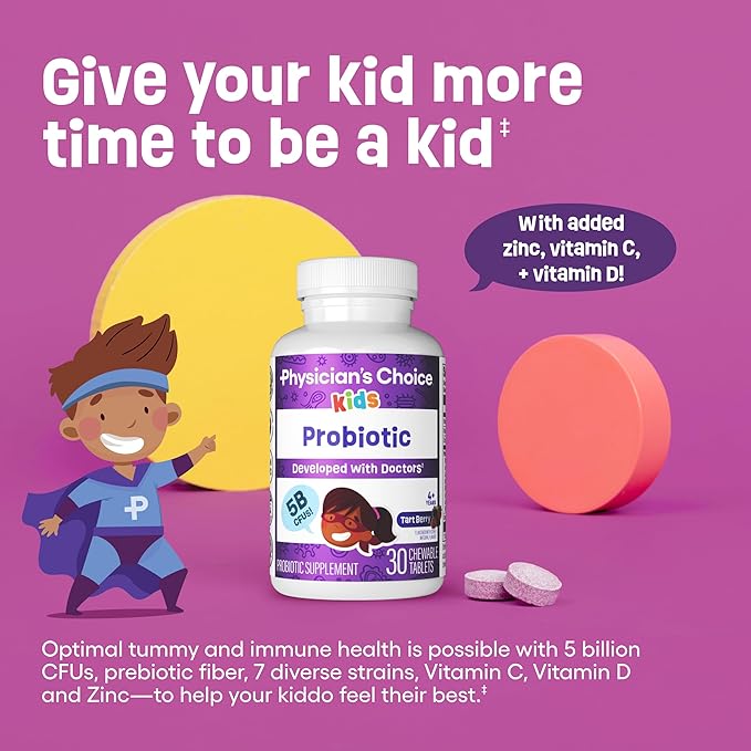 Physician's CHOICE Probiotics for Kids - 7 Diverse Strains, Organic Prebiotics, Vitamins & Minerals - Clinically Studied L. Rhamnosus GG - Immune & Digestive Support - No Sugar or Artificial Dyes