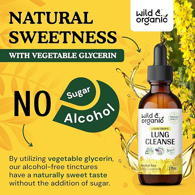 Wild & Organic Lung Cleanse Tincture - Mullein Leaf Extract for Lungs - Herbal Lung Detox Drops - Lung Health Supplements - Vegan, Alcohol Free Drops - 2 fl oz