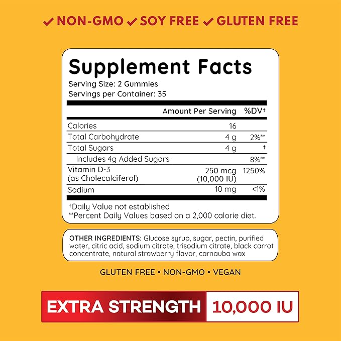 PAYÉ Vitamin D Gummies, D3, 10,000 IU (250 mcg) per Serving, Dietary Supplement for Bone, Teeth, Muscle and Immune Health Support Kids and Adults* - 140 Count