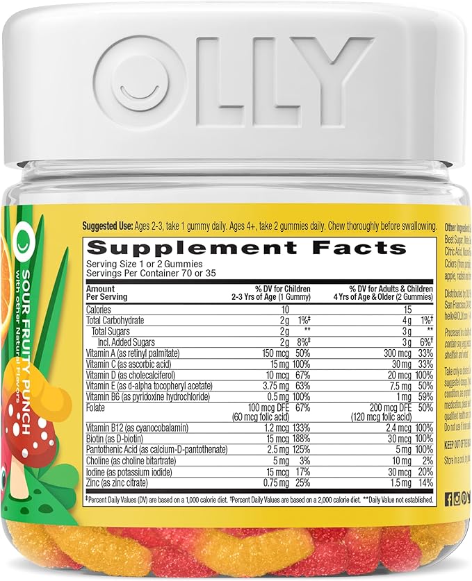 OLLY Kids Multivitamin Gummy Worms, Overall Health and Immune Support, Vitamins and Minerals A, C, D, E, Bs and Zinc, Chewable Supplement, Sour Fruit Punch, 45 Day Supply (70 Count) (Pack of 2)