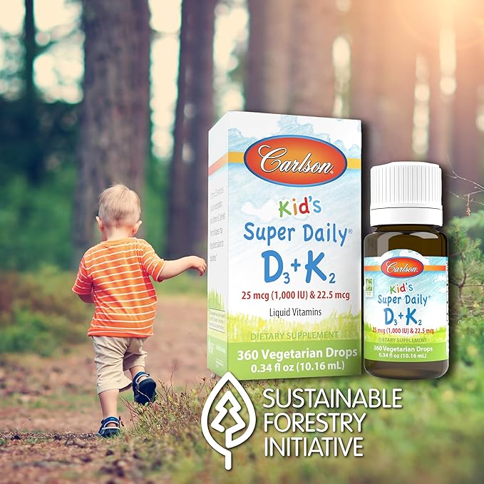Carlson - Kid's Super Daily D3+K2, 25 mcg (1,000 IU) D3 & 22.5 mcg K2, Vitamin D Drops with Vitamin K2, Liquid Vitamins, 1000 IU Vitamin D3, Heart & Bone Health, 1-Year Supply, Unflavored, 360 Drops