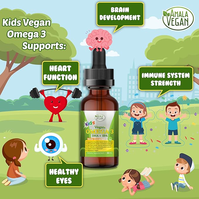 Omega 3 for Kids - Organic Lemon, Vegan, Liquid Supplement - Kids Fish Oil with DHA, EPA, DPA Fatty Acids - Plant Based Algae Oil - Immune, Heart, Brain Health for Children- 30-60 Doses
