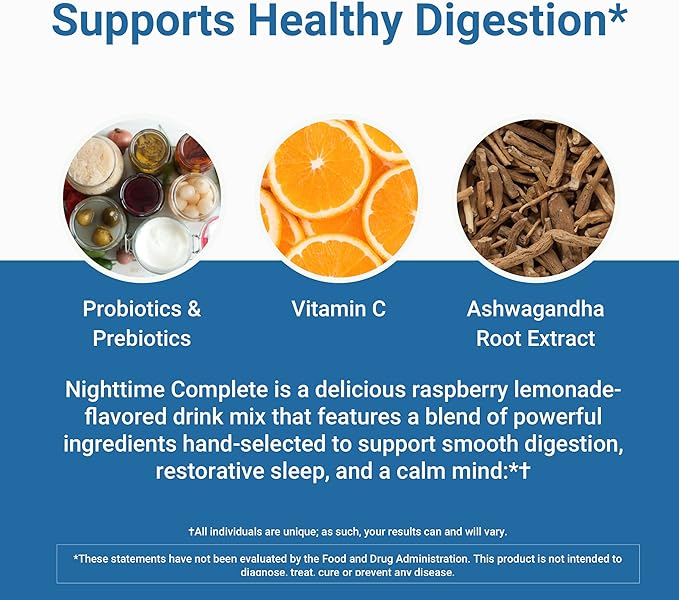 ACTIVATEDYOU Nighttime Complete Daily Wellness Drink- Smooth Digestion, Gut Health, Calmness w/Prebiotics, Probiotics, 12 Billion CFU & Ashwagandha for Sleep Support, 30 Servings (Raspberry Lemonade)